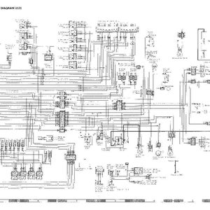 Op de afbeelding: Een gedetailleerd elektrisch schema, getiteld "ELECTRICAL CIRCUIT DIAGRAM (2/2)". Het schema is in zwart-wit en bevat talrijke lijnen, symbolen en tekstannotaties, die de verbindingen en componenten van een elektrisch systeem illustreren.