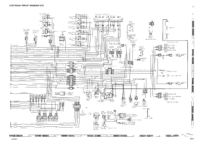 Op de afbeelding: Een gedetailleerd elektrisch schema, getiteld "ELECTRICAL CIRCUIT DIAGRAM (2/2)". Het schema is in zwart-wit en bevat talrijke lijnen, symbolen en tekstannotaties, die de verbindingen en componenten van een elektrisch systeem illustreren.