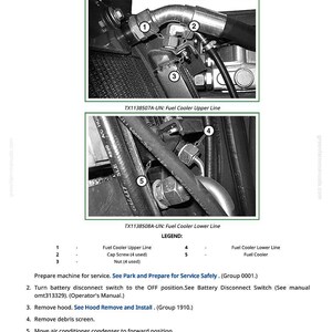 May include: Diagram illustrating the removal and installation of a fuel cooler. The image shows close-ups of the fuel cooler lines, cap screws, and nuts. Text labels identify the components and provide instructions for the process.