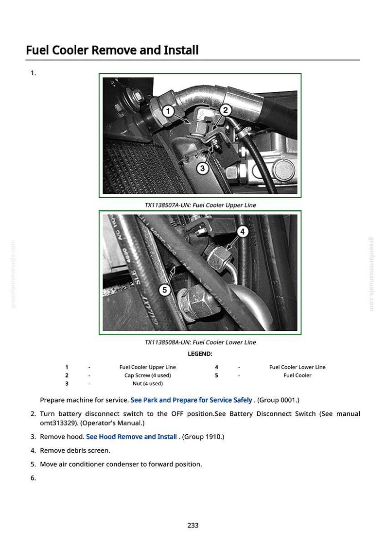 May include: Diagram illustrating the removal and installation of a fuel cooler. The image shows close-ups of the fuel cooler lines, cap screws, and nuts. Text labels identify the components and provide instructions for the process.