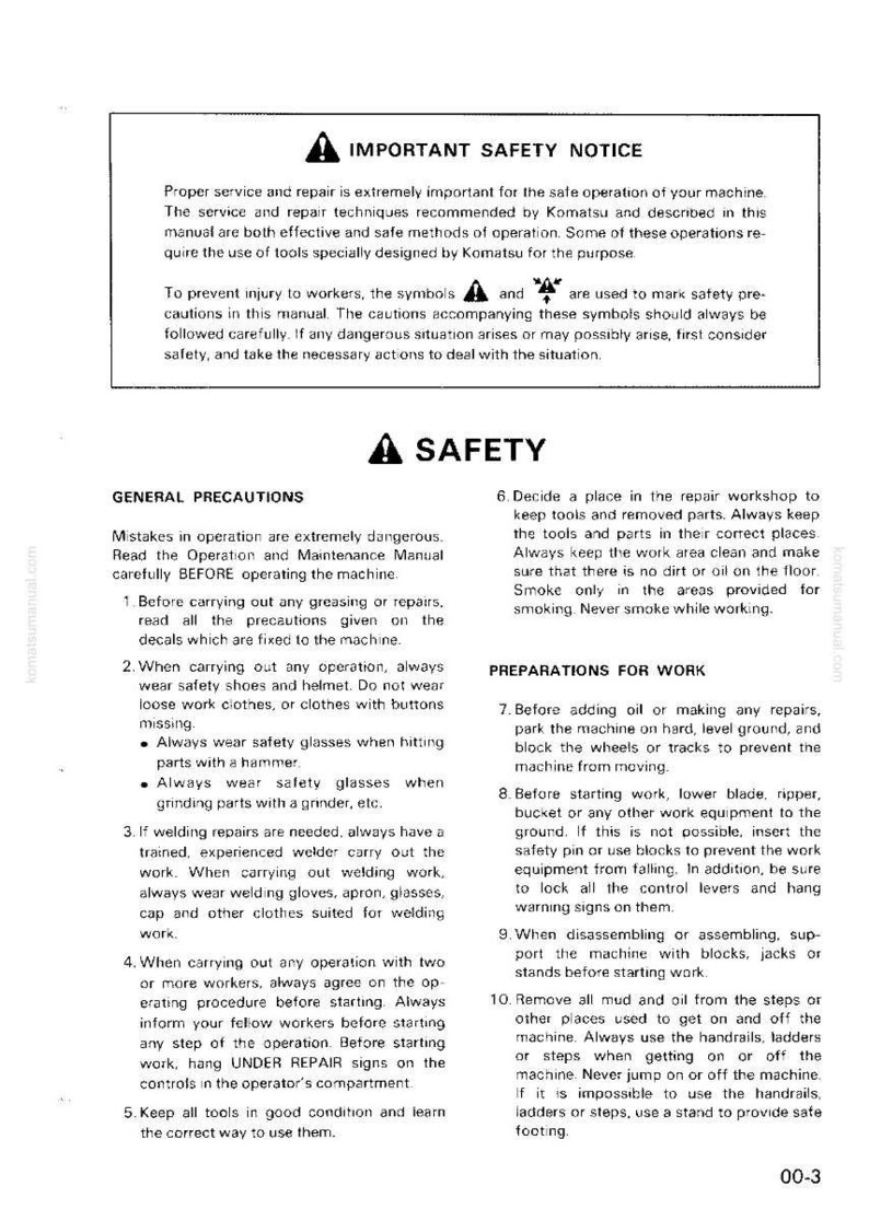 May include: A white document with black text, titled "IMPORTANT SAFETY NOTICE" and "SAFETY." It provides safety precautions for machine operation, including wearing safety gear and following instructions. The document also includes a section on general precautions.