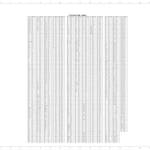 May include: A detailed technical drawing labeled "CONNECTOR TABLE" with numerous rows and columns of data. The document is a schematic, with text and numbers in a grid format, and includes a title and sheet information.