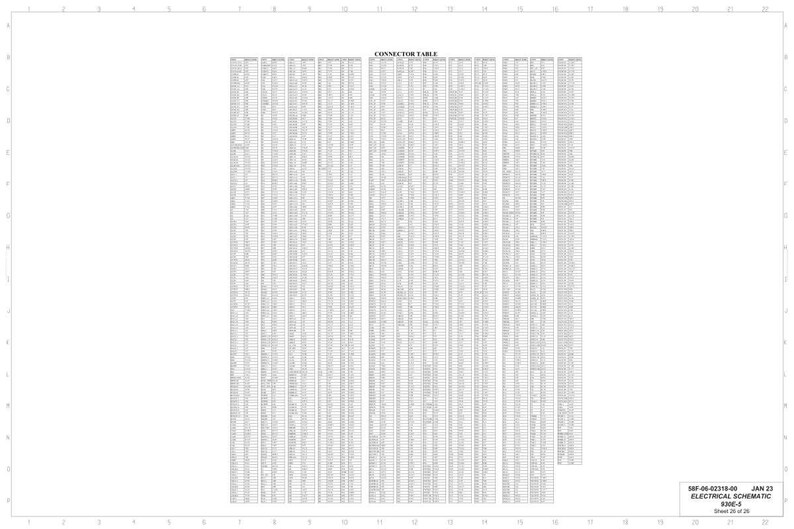 May include: A detailed technical drawing labeled "CONNECTOR TABLE" with numerous rows and columns of data. The document is a schematic, with text and numbers in a grid format, and includes a title and sheet information.