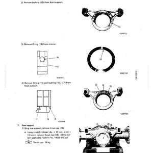 May include: Technical diagram with multiple illustrations of mechanical components. The diagram includes labeled parts such as bushings, O-rings, and thrust caps. Text instructions accompany the images, detailing removal steps.