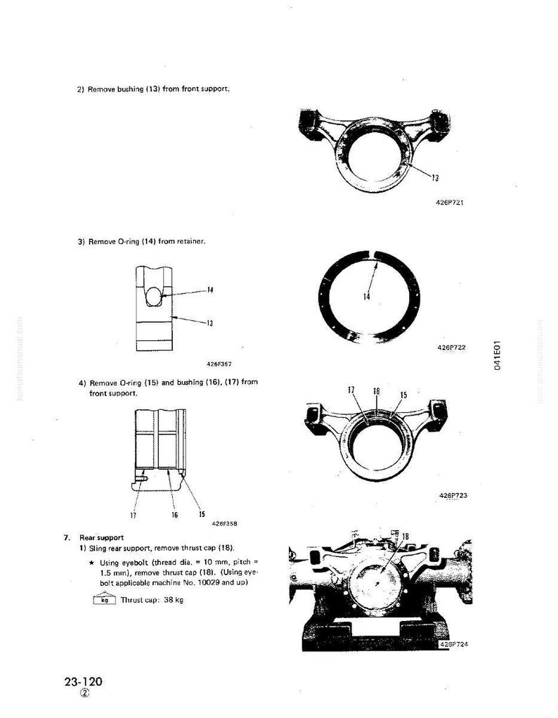May include: Technical diagram with multiple illustrations of mechanical components. The diagram includes labeled parts such as bushings, O-rings, and thrust caps. Text instructions accompany the images, detailing removal steps.