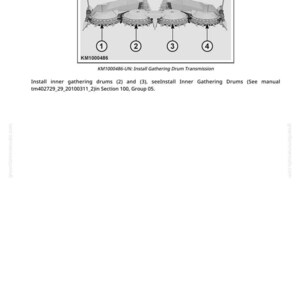May include: Diagram of a machine component with four numbered sections. The text reads "KM1000486-UN: Install Gathering Drum Transmission." Instructions are provided to install inner gathering drums.