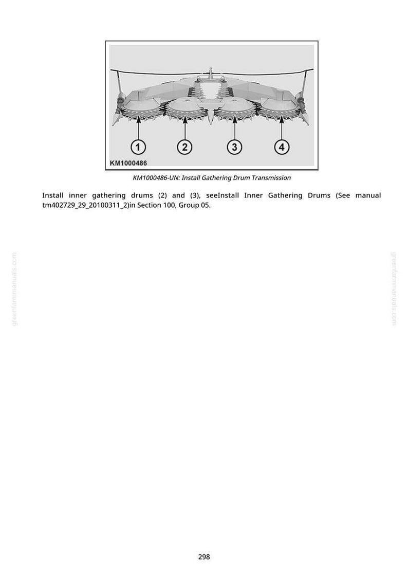 May include: Diagram of a machine component with four numbered sections. The text reads "KM1000486-UN: Install Gathering Drum Transmission." Instructions are provided to install inner gathering drums.