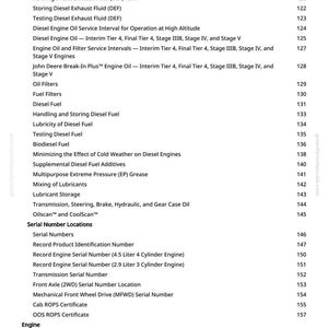 Puede incluir: Una p&aacute;gina blanca con una tabla de contenidos de un manual. El texto incluye temas como "Diesel Exhaust Fluid", "Fuel Filters" y "Serial Number Locations". Los n&uacute;meros de p&aacute;gina est&aacute;n a la derecha.