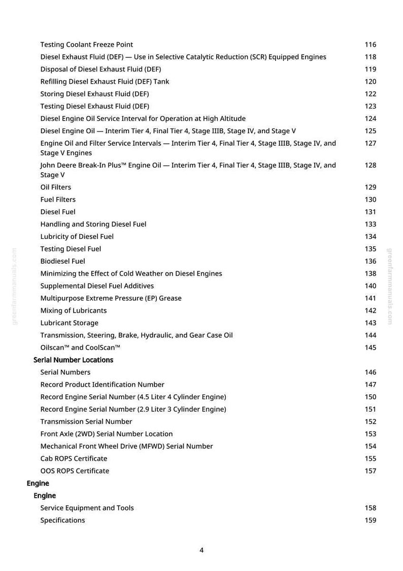 Puede incluir: Una p&aacute;gina blanca con una tabla de contenidos de un manual. El texto incluye temas como "Diesel Exhaust Fluid", "Fuel Filters" y "Serial Number Locations". Los n&uacute;meros de p&aacute;gina est&aacute;n a la derecha.