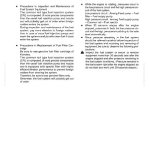 May include: A technical document with the headings "Handling of Fuel System Equipment" and "Remaining Pressure Relief from Fuel System Equipment." Includes safety precautions for fuel system maintenance and filter replacement.