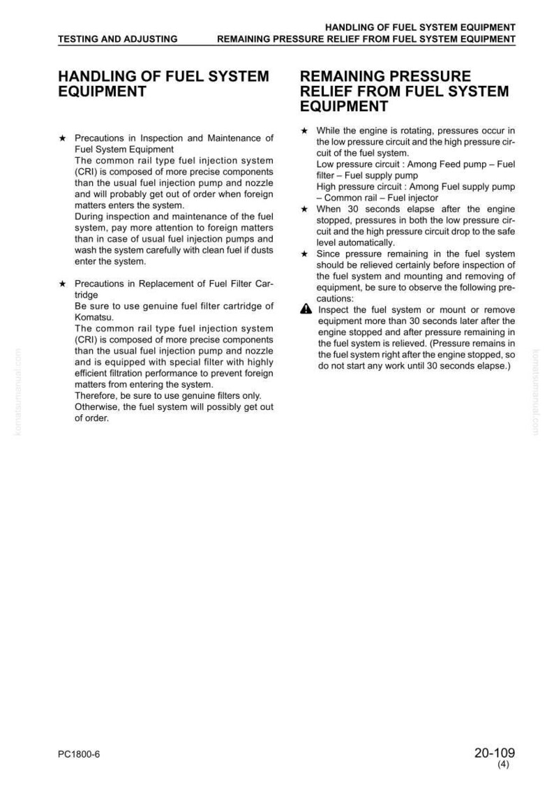 May include: A technical document with the headings "Handling of Fuel System Equipment" and "Remaining Pressure Relief from Fuel System Equipment." Includes safety precautions for fuel system maintenance and filter replacement.