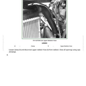 May include: An engine component diagram showing a radiator, hoses, and clamps. The image highlights the upper radiator hose and clamp, with numbered labels. The text reads "TX1133759A-UN: Upper Radiator Hose".