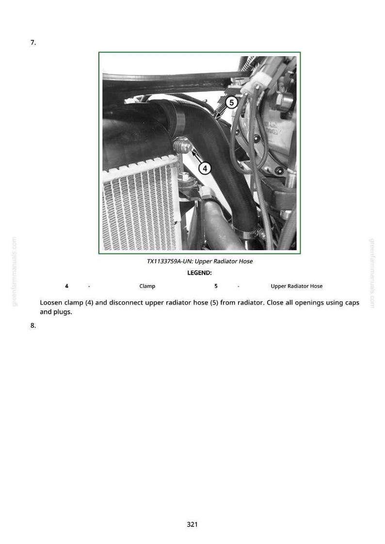 May include: An engine component diagram showing a radiator, hoses, and clamps. The image highlights the upper radiator hose and clamp, with numbered labels. The text reads "TX1133759A-UN: Upper Radiator Hose".