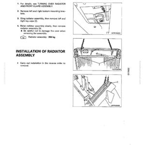 K&ouml;nnte beinhalten: Eine Manuellseite mit Anweisungen und Diagrammen zum Aus- und Einbau einer K&uuml;hlerbaugruppe. Der Text enth&auml;lt Schritte und einen Hinweis auf das Gewicht des K&uuml;hlers, ca. 350 kg.