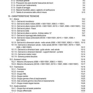 K&ouml;nnte beinhalten: Ein italienisches Inhaltsverzeichnis mit technischen Spezifikationen, einschlie&szlig;lich Motor- und Getriebedaten. Das Dokument enth&auml;lt Messungen und technische Informationen f&uuml;r verschiedene Komponenten, mit Abschnitten zu Sicherheit und Betrieb.