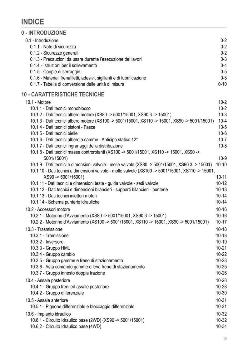 K&ouml;nnte beinhalten: Ein italienisches Inhaltsverzeichnis mit technischen Spezifikationen, einschlie&szlig;lich Motor- und Getriebedaten. Das Dokument enth&auml;lt Messungen und technische Informationen f&uuml;r verschiedene Komponenten, mit Abschnitten zu Sicherheit und Betrieb.