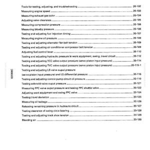 Op de afbeelding: Een pagina uit een handleiding getiteld "TESTEN EN AFSTELLEN" met een lijst met testprocedures. De tekst omvat onderwerpen als het meten van de motorsnelheid, het afstellen van de klepspeling en het testen van de brandstofinspuittiming. Witte achtergrond.