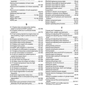 Puede incluir: Una p&aacute;gina de un manual de reparaci&oacute;n de maquinaria, con un &iacute;ndice y una gu&iacute;a de soluci&oacute;n de problemas. El texto incluye t&eacute;rminos como "motor", "presi&oacute;n" y "prueba", centrado en sistemas mec&aacute;nicos y diagn&oacute;stico. La p&aacute;gina es de un manual D61EX-23, D61PX-23.