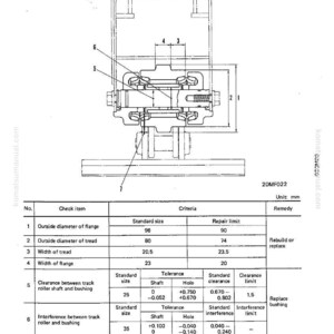 May include: Technical diagram of a track roller, labeled 'TRACK ROLLER' with the serial number PC05-6 11301-11700. The diagram includes measurements in millimeters, with details on flange diameter, tread width, and clearance specifications. The diagram is for machinery parts.