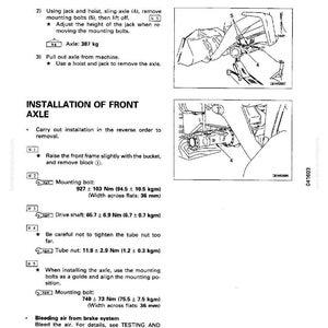 May include: Diagram from a manual detailing front axle disassembly and installation. Includes illustrations of the process, with measurements in Nm and kgm, and instructions for removing and installing components.