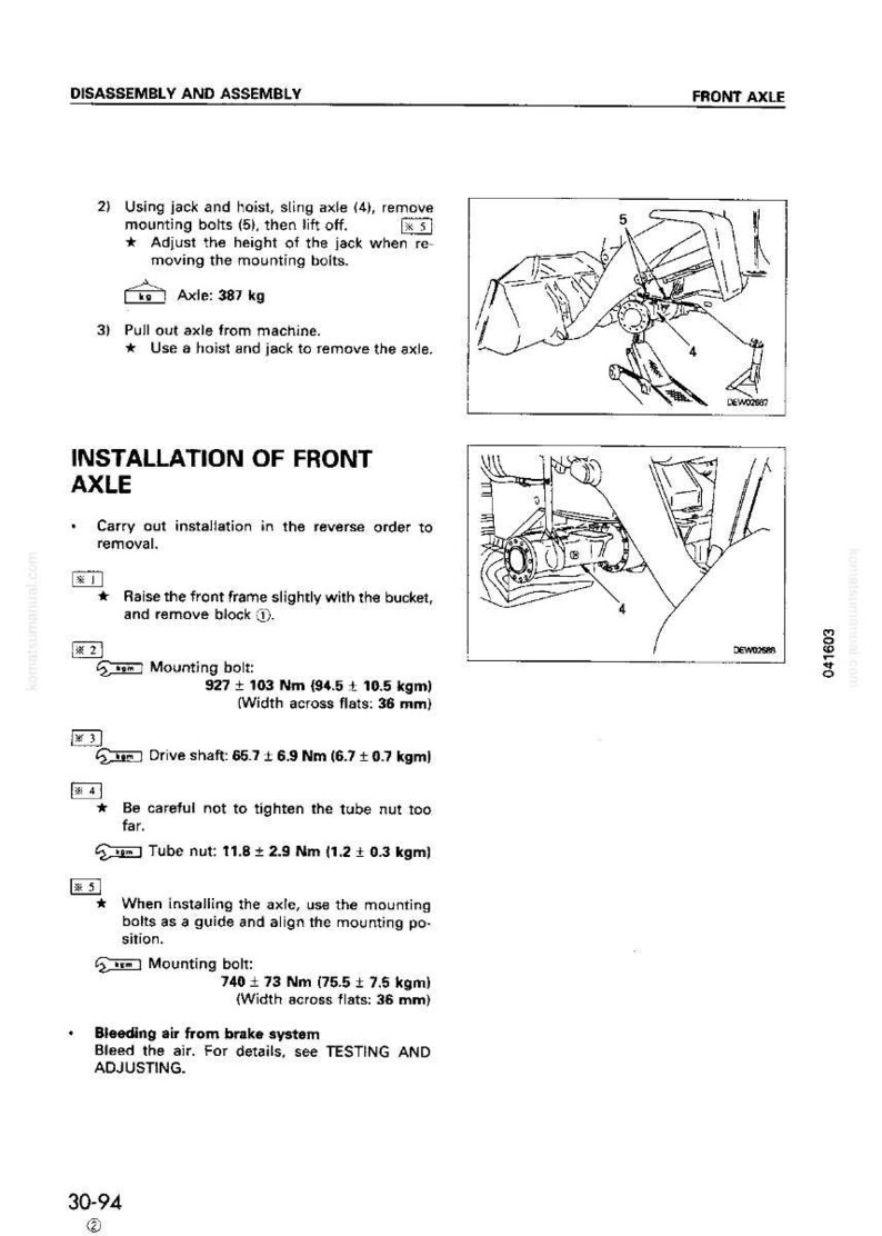 May include: Diagram from a manual detailing front axle disassembly and installation. Includes illustrations of the process, with measurements in Nm and kgm, and instructions for removing and installing components.