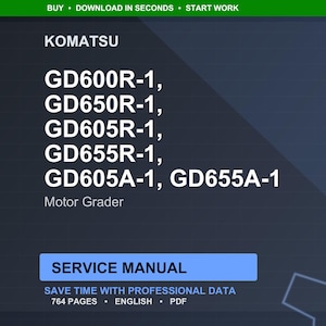Puede incluir: Manual de servicio digital para motoniveladoras Komatsu, incluyendo los modelos GD600R-1, GD650R-1, GD605R-1, GD655R-1, GD605A-1 y GD655A-1. El manual tiene 764 p&aacute;ginas y est&aacute; disponible en formato PDF.
