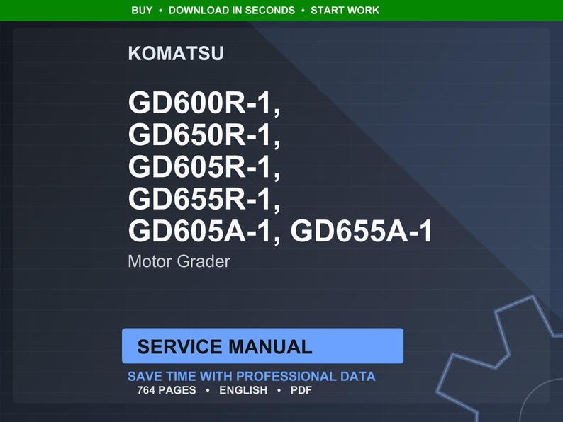 Puede incluir: Manual de servicio digital para motoniveladoras Komatsu, incluyendo los modelos GD600R-1, GD650R-1, GD605R-1, GD655R-1, GD605A-1 y GD655A-1. El manual tiene 764 p&aacute;ginas y est&aacute; disponible en formato PDF.