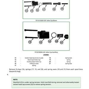May include: Diagram of valve cap components, including screws, springs, and O-rings. The image includes two valve cap assemblies with labels and a legend detailing each part. Text at the bottom provides instructions for disassembly.