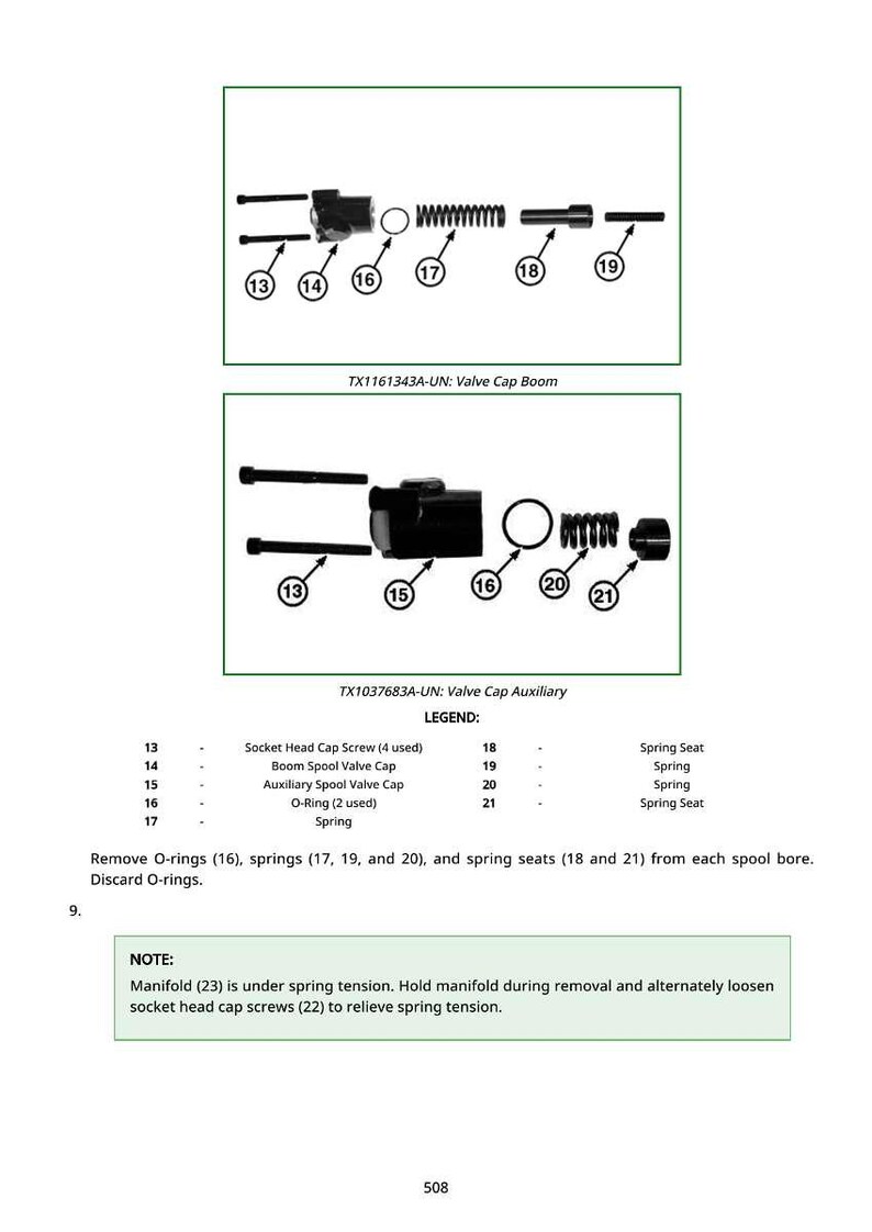 May include: Diagram of valve cap components, including screws, springs, and O-rings. The image includes two valve cap assemblies with labels and a legend detailing each part. Text at the bottom provides instructions for disassembly.