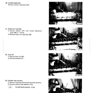 Op de afbeelding: Diagram met stappen voor demontage en montage van de cilinderkop. Instructies voor het verwijderen van de cilinderkopdeksel, tuimelaar, stoterstang en cilinderkop. De tekst bevat metingen in kilogram.