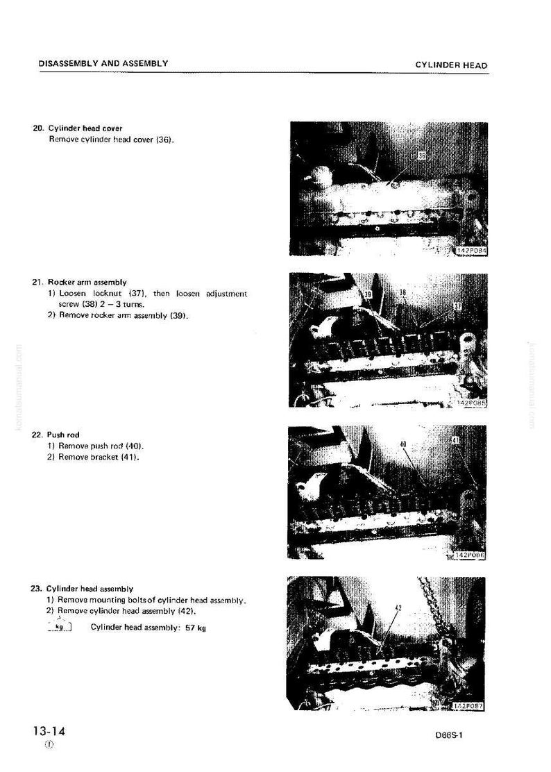 Op de afbeelding: Diagram met stappen voor demontage en montage van de cilinderkop. Instructies voor het verwijderen van de cilinderkopdeksel, tuimelaar, stoterstang en cilinderkop. De tekst bevat metingen in kilogram.