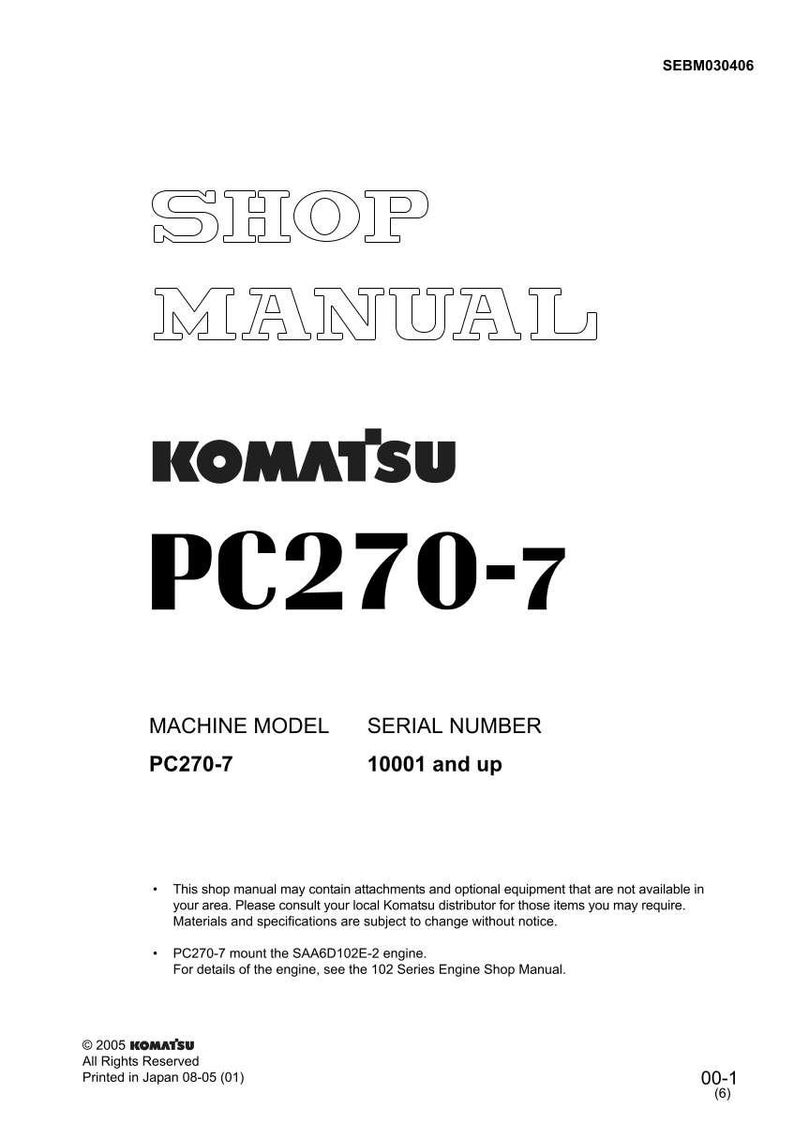 Pode incluir: Um manual de oficina branco com o texto "SHOP MANUAL" em negrito e contornado. O logotipo da Komatsu e "PC270-7" s&atilde;o exibidos em destaque. O manual inclui informa&ccedil;&otilde;es sobre o modelo da m&aacute;quina e o n&uacute;mero de s&eacute;rie.