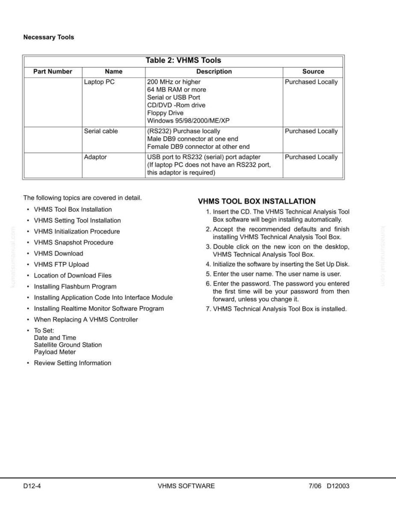 May include: A document titled "Necessary Tools" with a table listing VHMS Tools, including Laptop PC, Serial Cable, and Adaptor. The document also details VHMS Tool Box installation steps and software information.