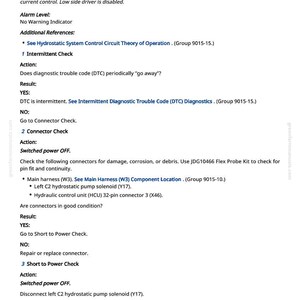 Op de afbeelding: Een pagina uit een handleiding met de titel "522449.06 - Left Pump / Rev Sol Current". De tekst geeft instructies voor het oplossen van problemen en het controleren van componenten, inclusief connectoren en soleno&iuml;den. De pagina bevat diagnostische stappen.