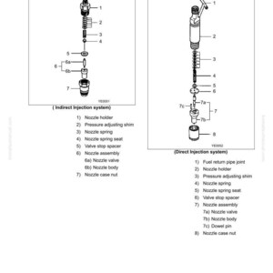 May include: Diagram of a fuel injection valve, showing components like nozzle holder, spring, and valve assembly. The image includes two detailed schematics labeled 'Indirect Injection system' and 'Direct Injection system'. Text includes '6. Measurement, Inspection and Adjustment'.