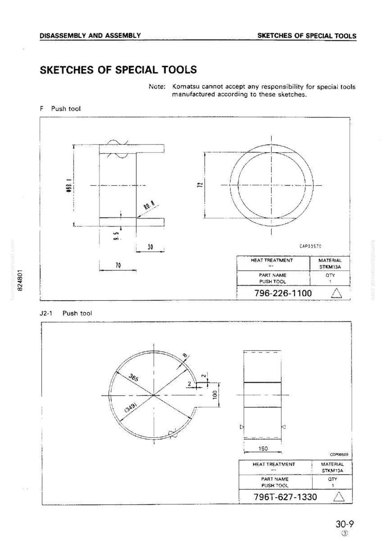 May include: Technical drawing of special tools, including a push tool with dimensions in millimeters. The drawing includes the part name, material, and part number 796-226-1100 and 796T-627-1330.