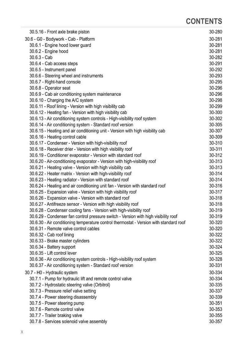May include: A detailed contents page with a list of automotive parts and systems, including brake pistons, engine components, and air conditioning systems. The page numbers are listed on the right.