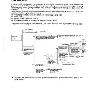 May include: A detailed troubleshooting flow chart with text and diagrams. It outlines procedures for addressing machine failures, including checking controller connections, fuses, battery voltage, and electricity generation. The chart includes decision points and troubleshooting steps.