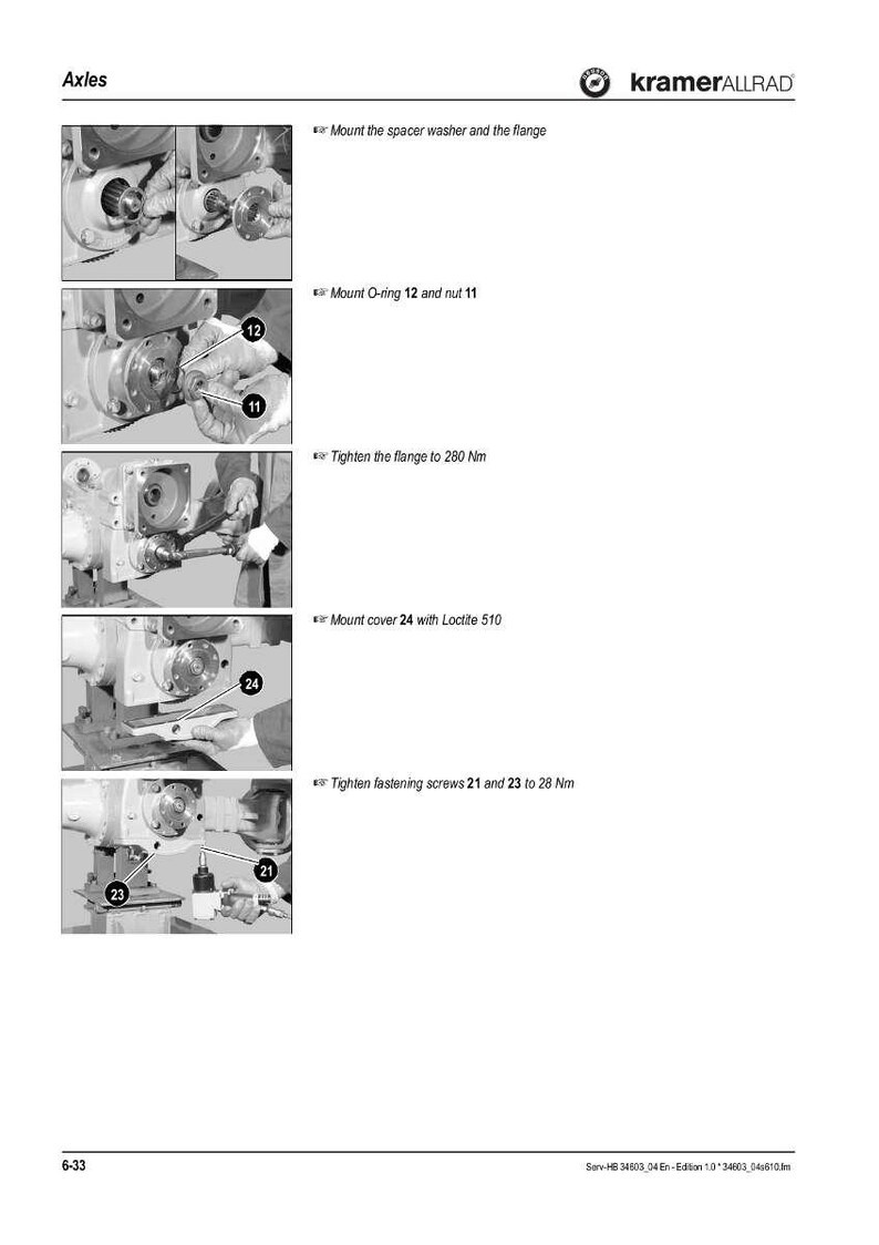 May include: A grayscale technical diagram titled "Axles" with step-by-step instructions for assembly. The diagram includes images of mechanical components, labels, and text instructions such as "Mount O-ring 12 and nut 11."
