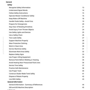 May include: A white page titled "Table of Contents" with a list of safety and general information topics. The topics include safety instructions, emergency preparation, and machine maintenance. The page is from a manual.