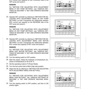May include: A page from a manual titled "ADJUSTMENT WHEN HST CONTROLLER HAS BEEN REPLACED" with instructions and diagrams. The text describes procedures for adjusting settings, including pump and motor settings, and turning the engine on and off.