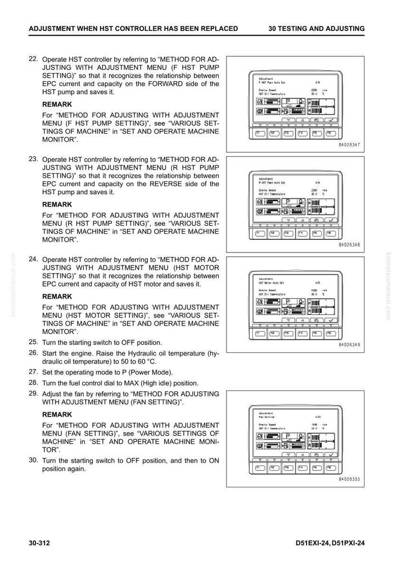 May include: A page from a manual titled "ADJUSTMENT WHEN HST CONTROLLER HAS BEEN REPLACED" with instructions and diagrams. The text describes procedures for adjusting settings, including pump and motor settings, and turning the engine on and off.