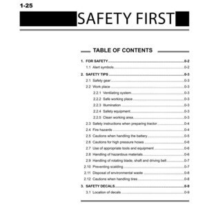 Pode incluir: Documento branco com o t&iacute;tulo "SAFETY FIRST" em negrito preto. Apresenta um sum&aacute;rio com se&ccedil;&otilde;es numeradas sobre t&oacute;picos de seguran&ccedil;a, incluindo dicas, equipamentos e decalques.