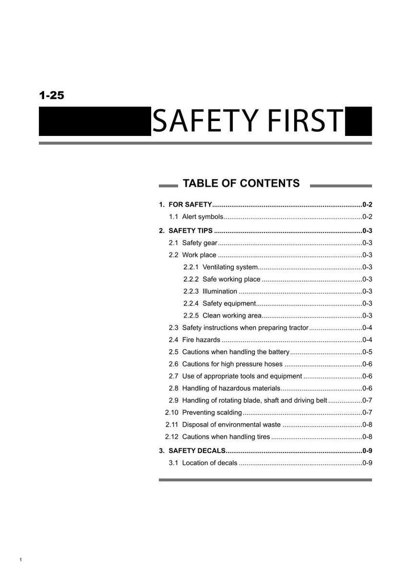 Pode incluir: Documento branco com o t&iacute;tulo "SAFETY FIRST" em negrito preto. Apresenta um sum&aacute;rio com se&ccedil;&otilde;es numeradas sobre t&oacute;picos de seguran&ccedil;a, incluindo dicas, equipamentos e decalques.