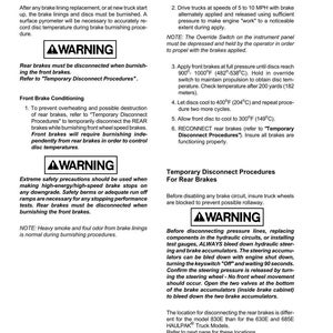 May include: A detailed service manual page with instructions for burnishing truck brakes. The text includes warnings, procedures, and temperature specifications in Fahrenheit and yards. The page also features diagrams and safety precautions.