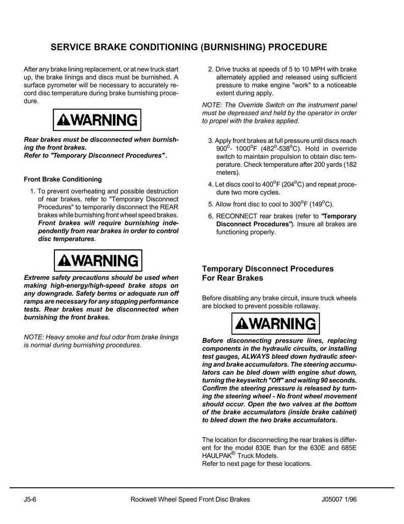 May include: A detailed service manual page with instructions for burnishing truck brakes. The text includes warnings, procedures, and temperature specifications in Fahrenheit and yards. The page also features diagrams and safety precautions.