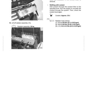 Puede incluir: Diagrama de un manual que muestra el desmontaje y montaje de un radiador. Incluye im&aacute;genes del radiador e instrucciones para la extracci&oacute;n e instalaci&oacute;n, con medidas en Nm y kg.