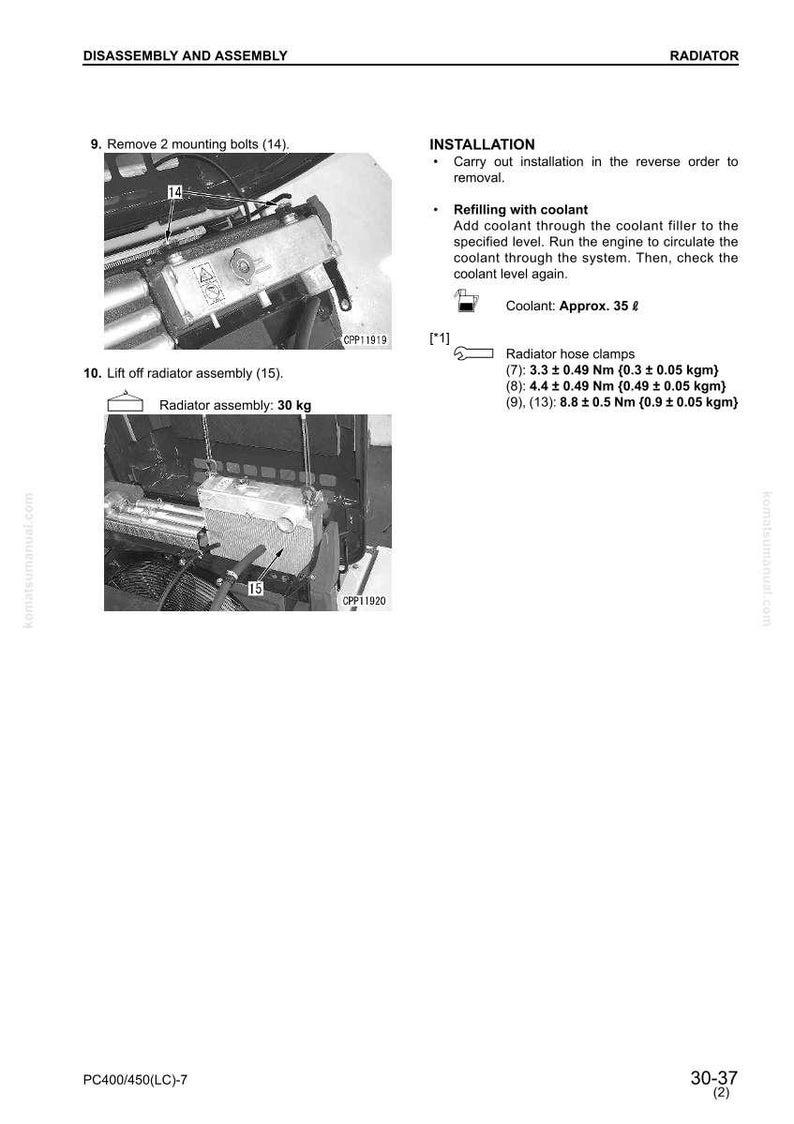 Puede incluir: Diagrama de un manual que muestra el desmontaje y montaje de un radiador. Incluye im&aacute;genes del radiador e instrucciones para la extracci&oacute;n e instalaci&oacute;n, con medidas en Nm y kg.