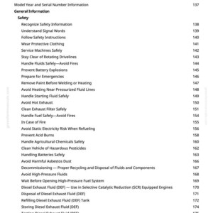 May include: A manual page showing a table of contents. The title reads "Table of Contents". The list includes safety topics such as "Wear Protective Clothing" and "Avoid Hot Exhaust". The page number 2 is visible at the bottom.