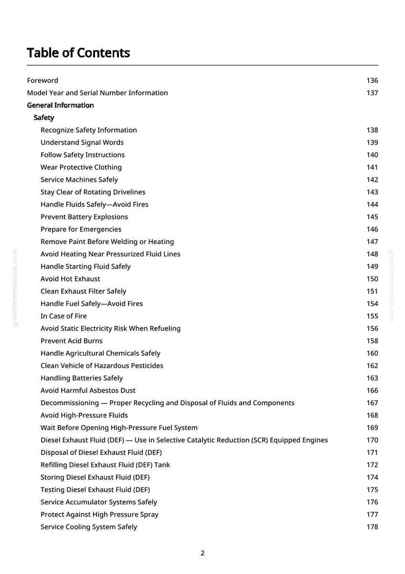 May include: A manual page showing a table of contents. The title reads "Table of Contents". The list includes safety topics such as "Wear Protective Clothing" and "Avoid Hot Exhaust". The page number 2 is visible at the bottom.